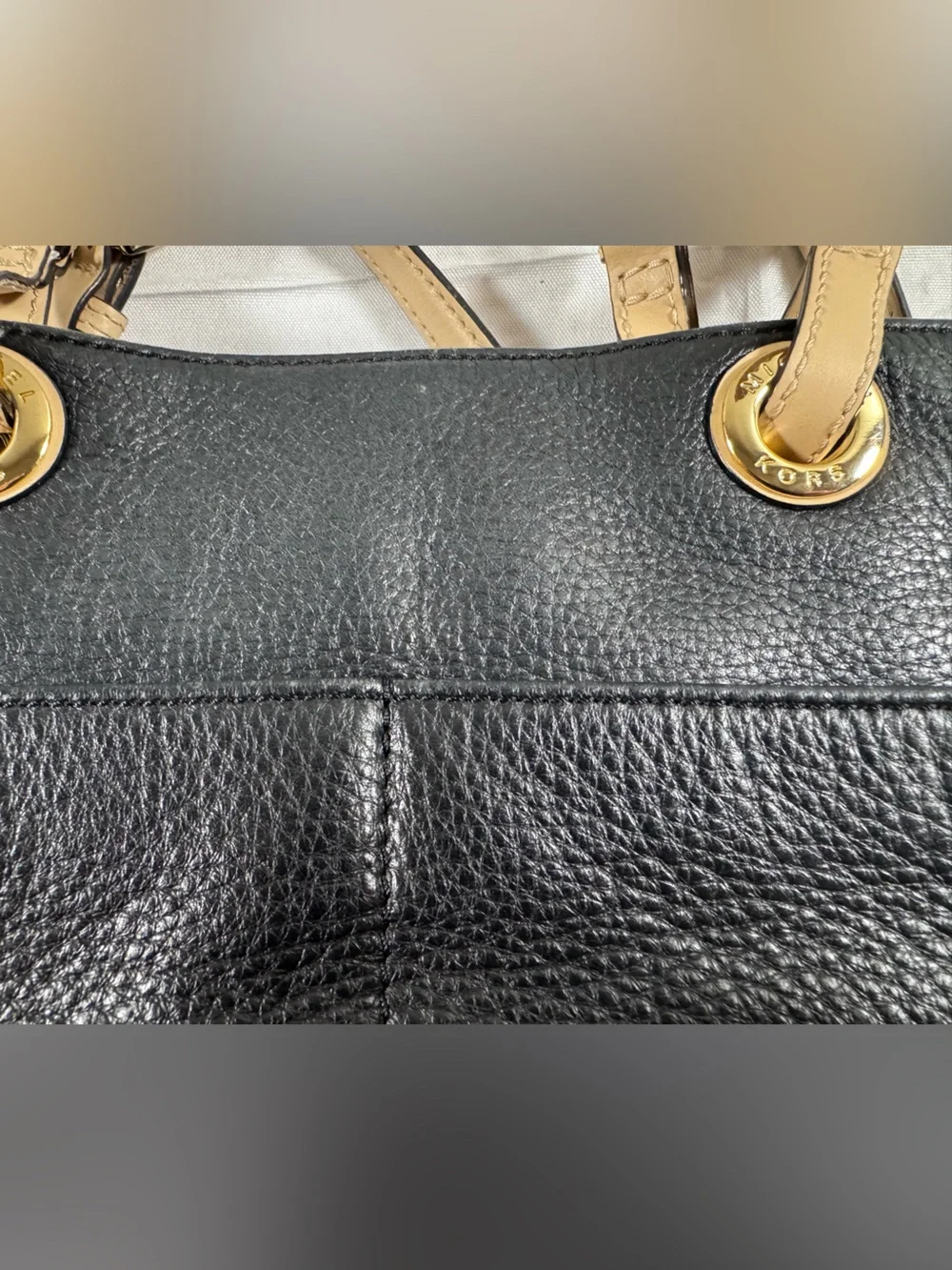 Michael Kors Bedford Black Pebbled Leather Tote with Tan Trim